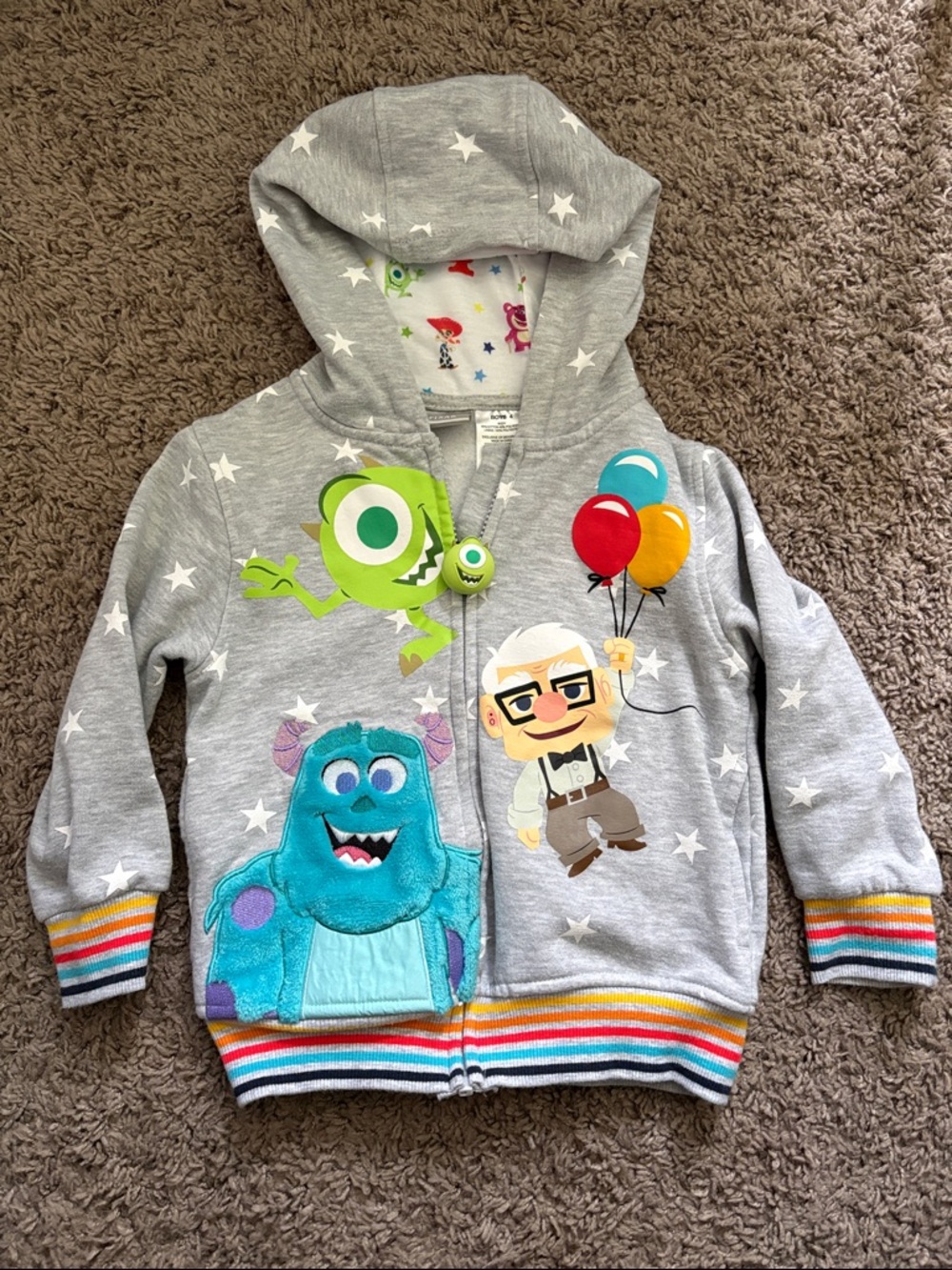 Disney Gray Monsters Inc. & Up Hooded Zip Sweatshirt with Colorful Balloons